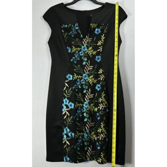 Connected Apparel Sheath Dress Women's 8P Black + Blue Floral Embroidered V Neck - Picture 9 of 10